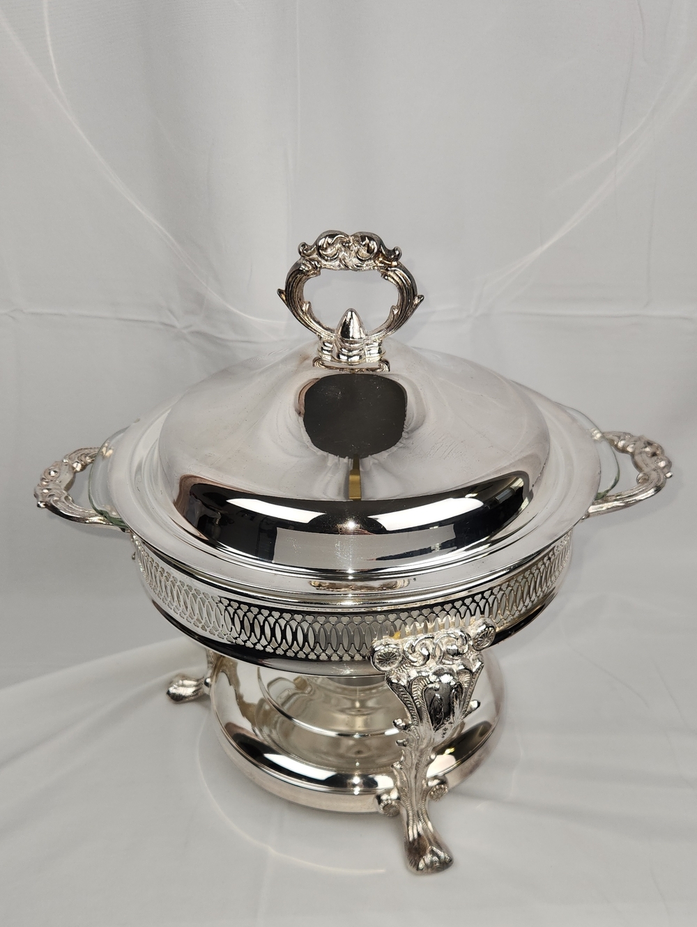 Vntg English Silver/Leonard Silverplated Chaffing Dish Anchor Hocking Glass Bowl